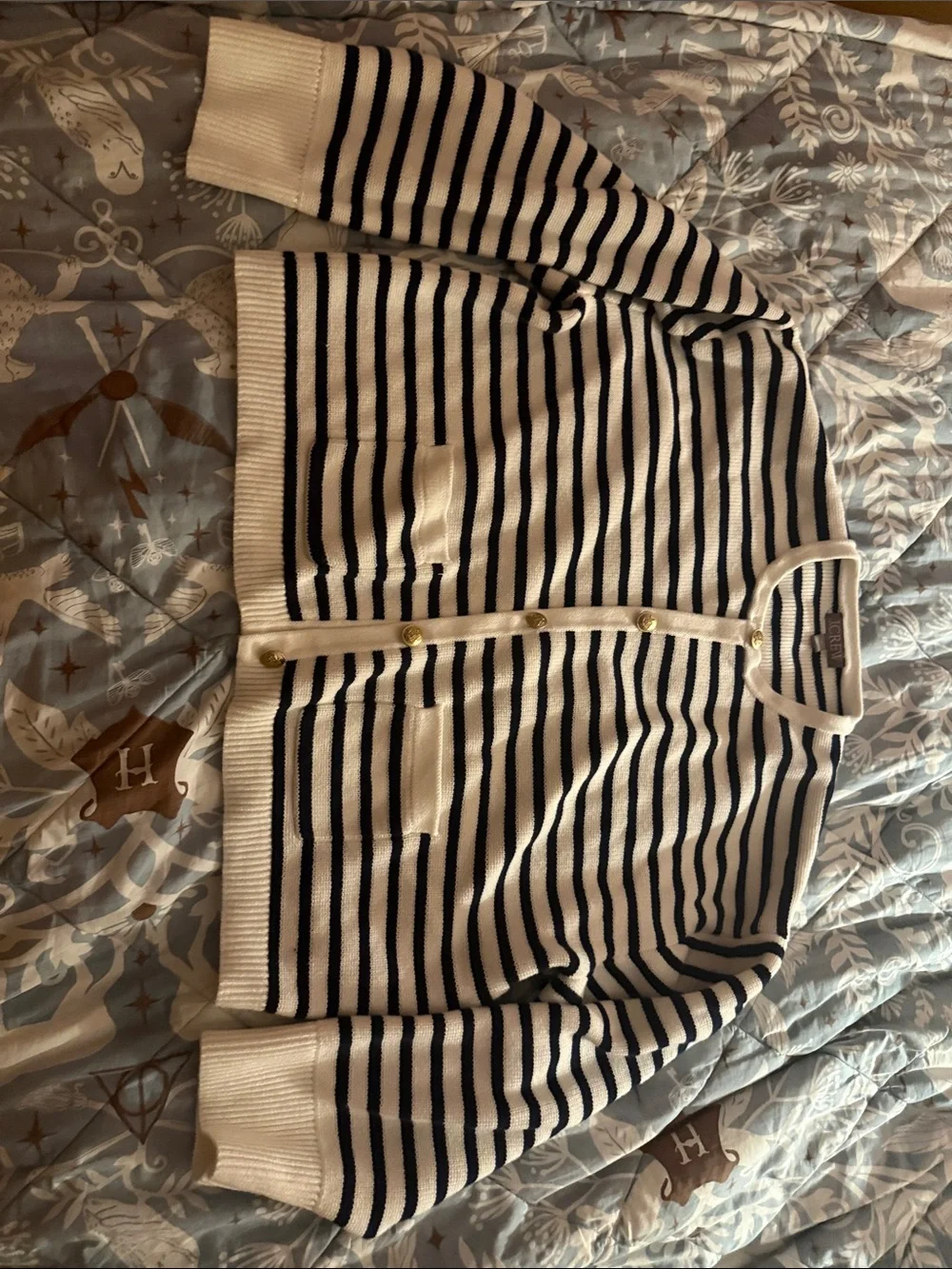 J. Crew Navy and White Striped Button-Up Cardigan